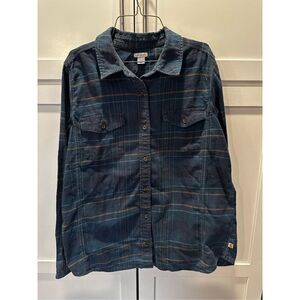 Carhartt Blue Plaid Flannel Rugged Flex Hamilton Button Up Women’s Sz L (12/14)